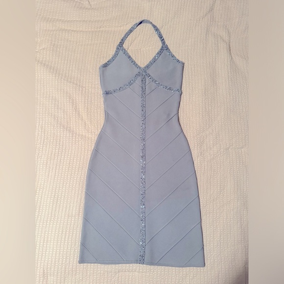 Herve Leger Blue Halter neck Beaded Dress - Picture 4 of 11